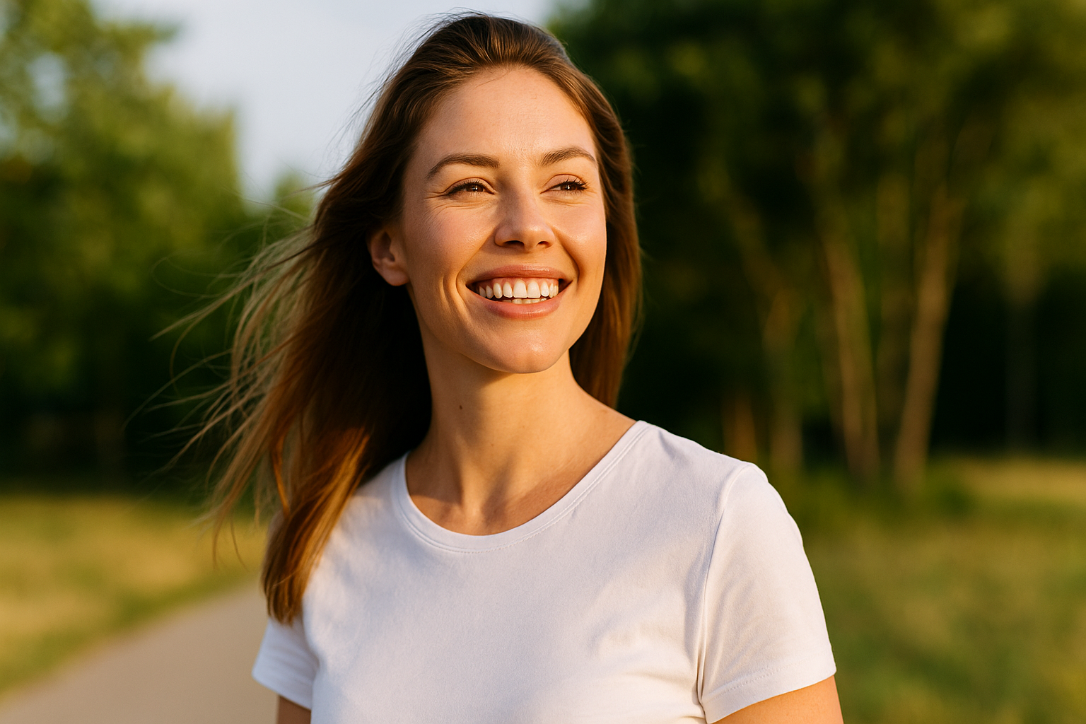 A smiling woman walks along a scenic path, enjoying her surroundings.